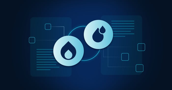 Graphic illustrating semantic connections between data sources, with interconnected nodes and document elements in a blue technology-themed design. The visual represents connected information, knowledge relationships, and semantic search for enterprise data.