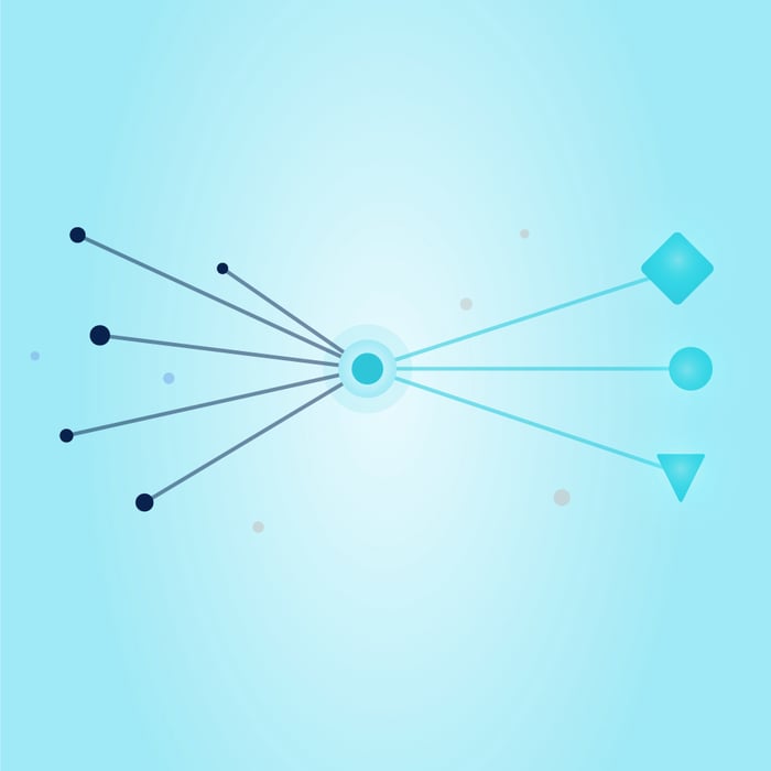 Abstract illustration of several dark data points converging into a single glowing central node on a light teal background. From the node, three clear paths lead to distinct outcomes, suggesting scattered inputs turning into fast, confident decisions.