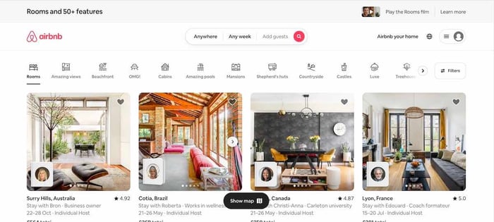 Screenshot of airbnb platform current homepage