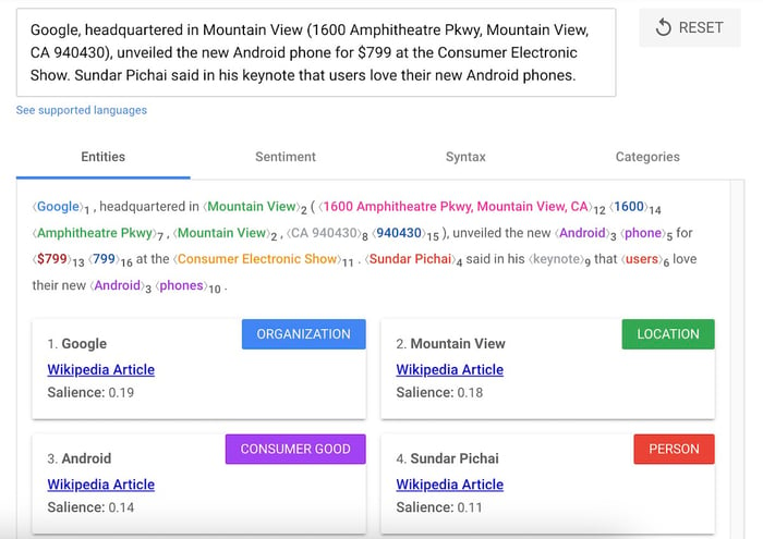 Google Natural Language API example