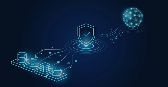 Illustration showing enterprise data sources flowing through a trusted security and governance layer before powering an AI knowledge graph. The visual represents trusted, governed data as the foundation for reliable enterprise AI.