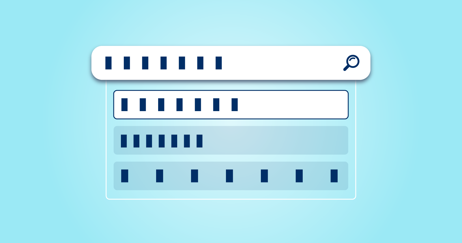 Search interface illustration showing query matching and relevance tuning across multiple search results.