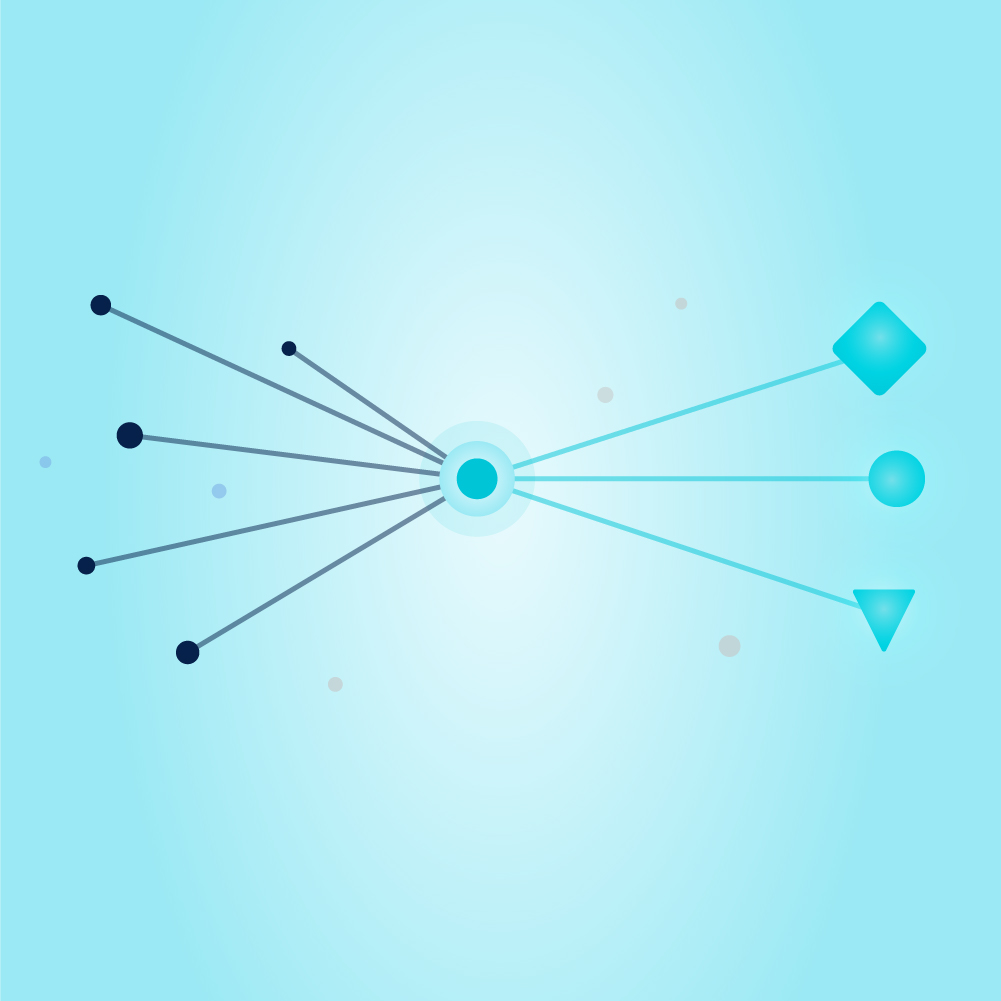 Abstract illustration of several dark data points converging into a single glowing central node on a light teal background. From the node, three clear paths lead to distinct outcomes, suggesting scattered inputs turning into fast, confident decisions.